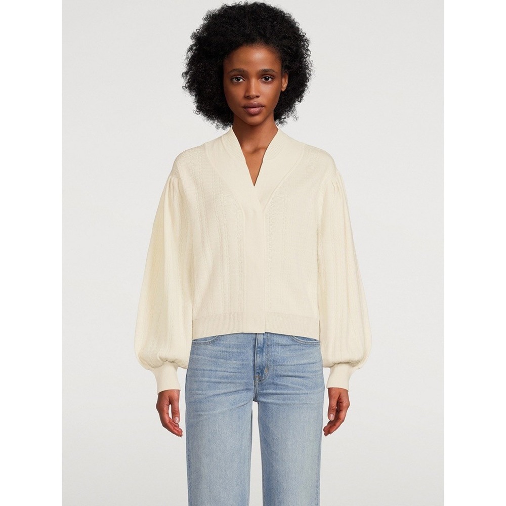ba&sh 2 Ecru Textured Knit Cardigan Puff Sleeve Notch Collar Cropped Sweater